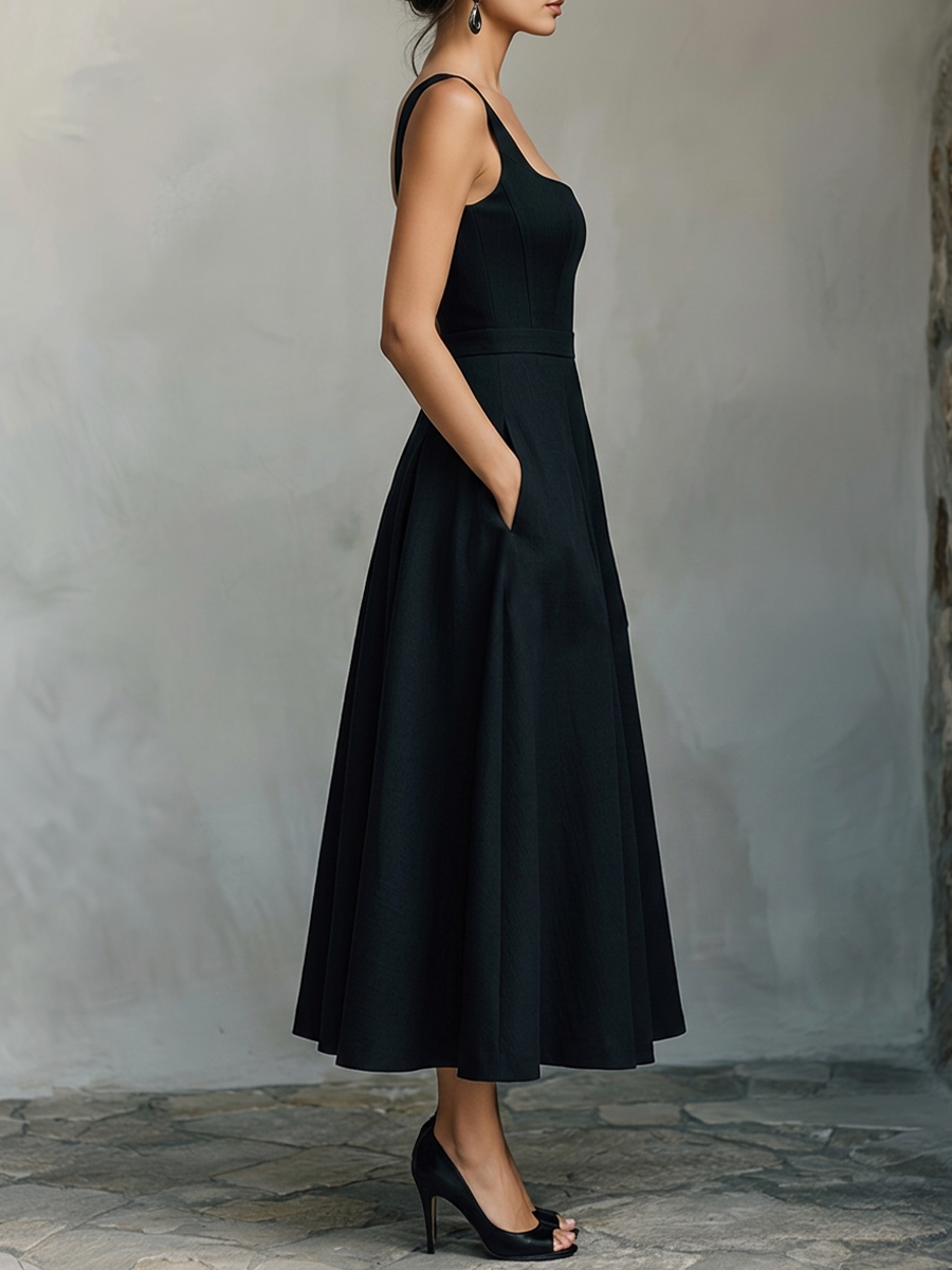 Women’s Square Neck Sleeveless Black A‑Line Maxi Dress With Pockets