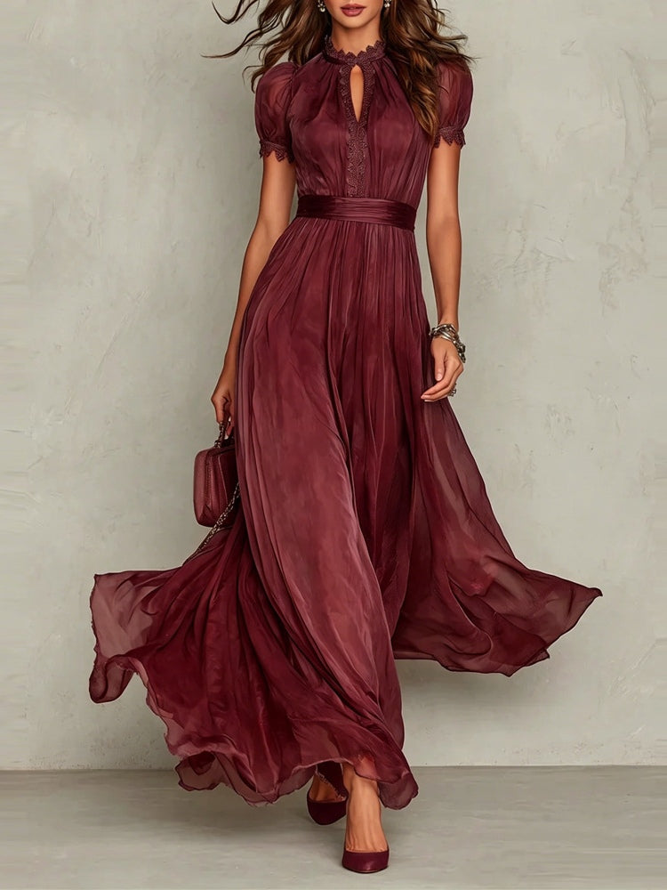 Purple Keyhole Neckline Chiffon Lace Trim Maxi Dress