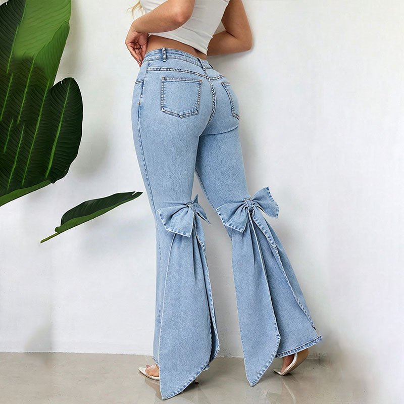 High-waisted bow-tie slim-fit stretch flared jeans