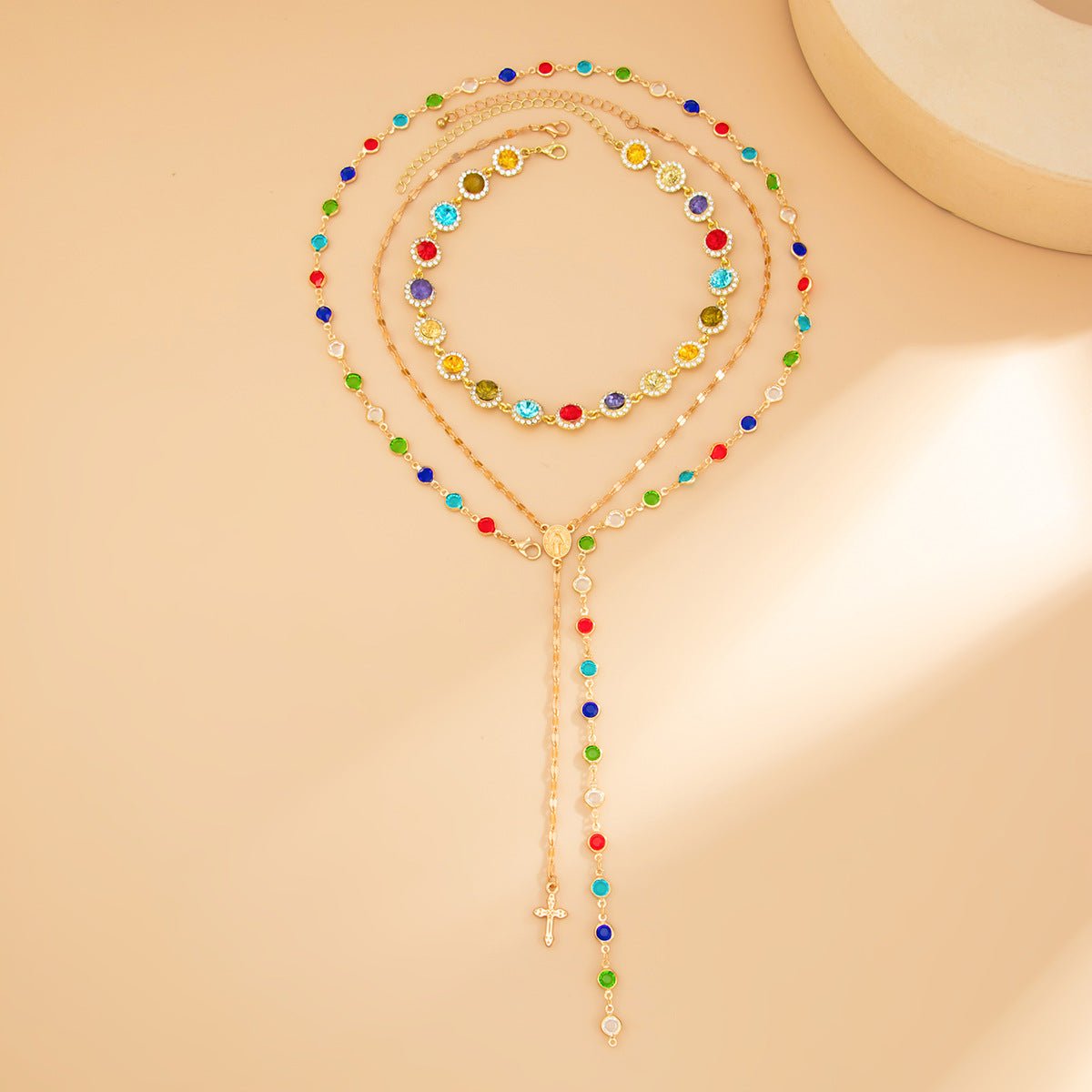 Bohemian-style round crystal layered necklace