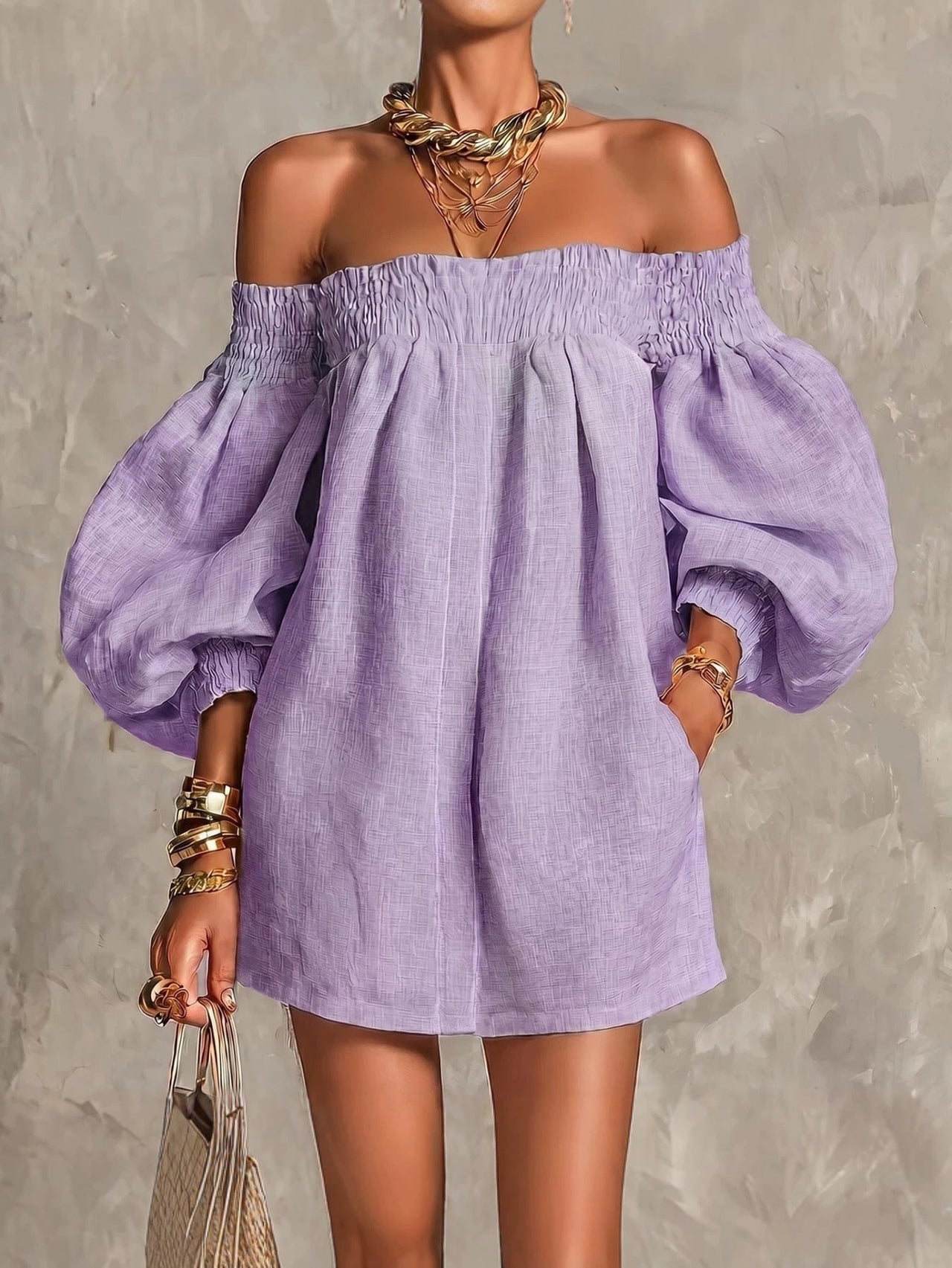 Pink Off-shoulder Lantern Sleeve A-line Loose Mini Dress