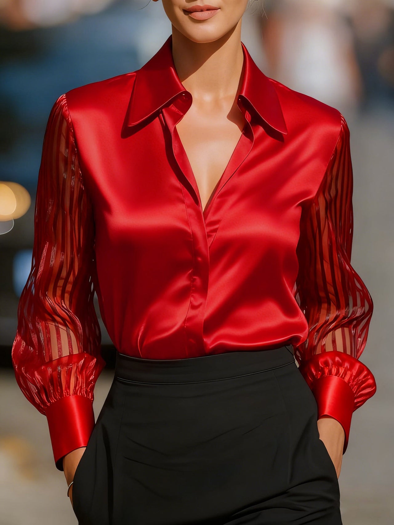 Black Spliced Satin Long-sleeved Loose-fitting Shirt