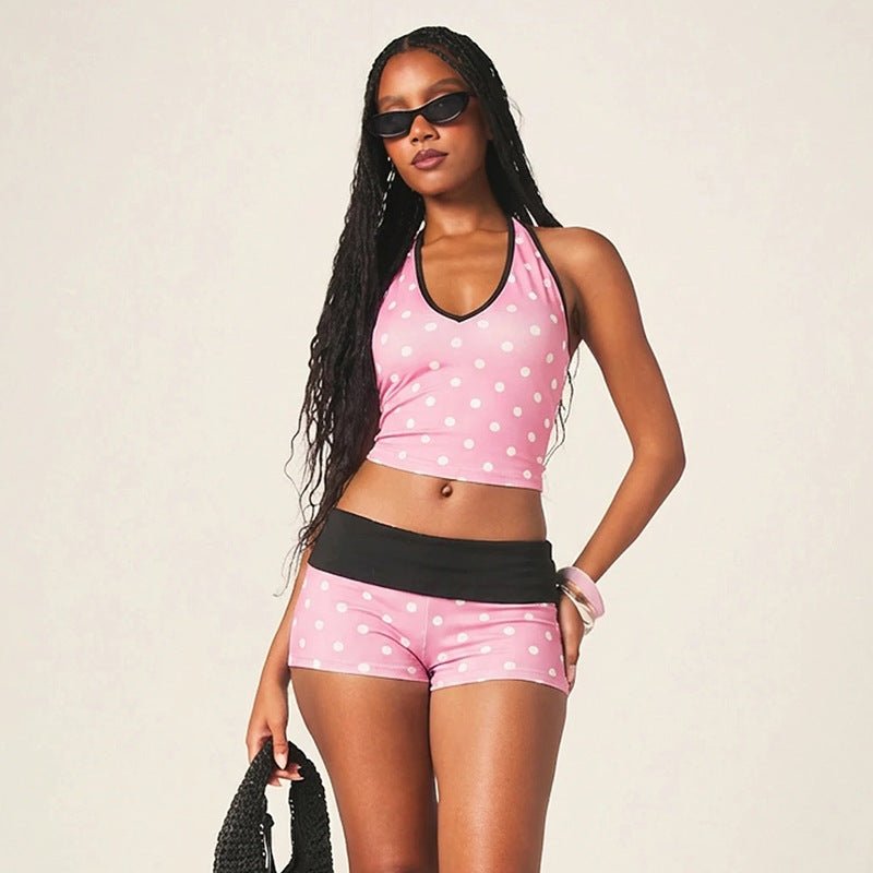 Back-tie polka dot halter top and low-waisted shorts set