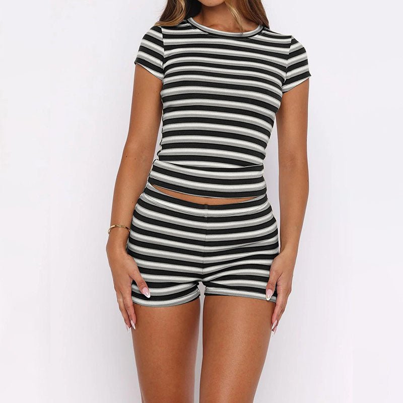 Crew neck slim-fit striped top and shorts two-piece set