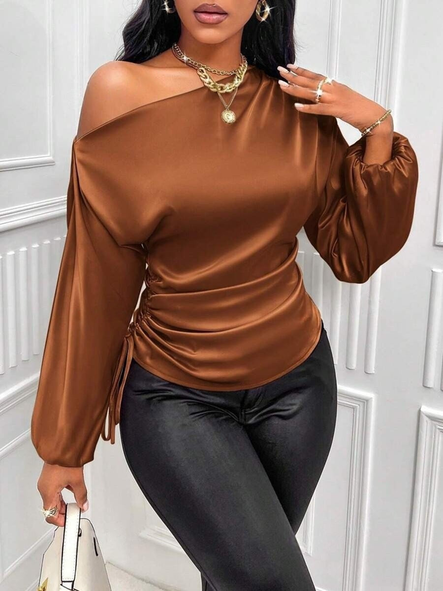 Women's Asymmetrical Long-Sleeved Satin Blouse with Slanted Collar