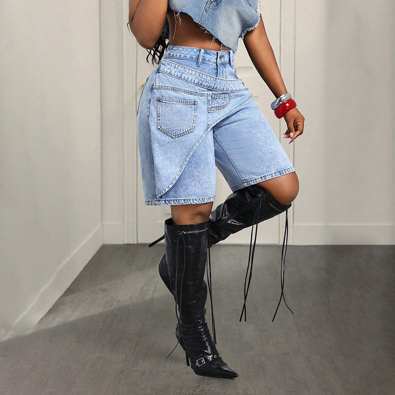 High-waisted irregular patchwork denim shorts