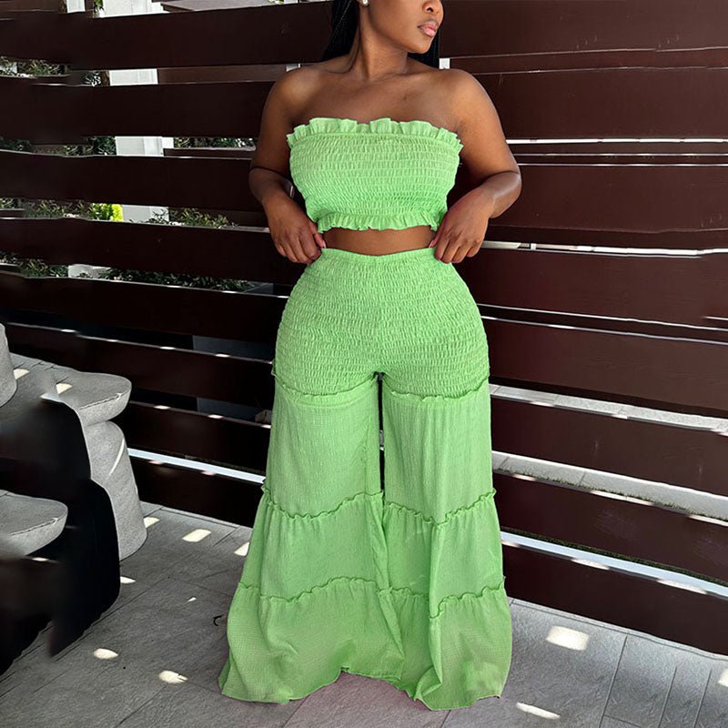 Ruched strapless top and tiered ruffle wide-leg pants set