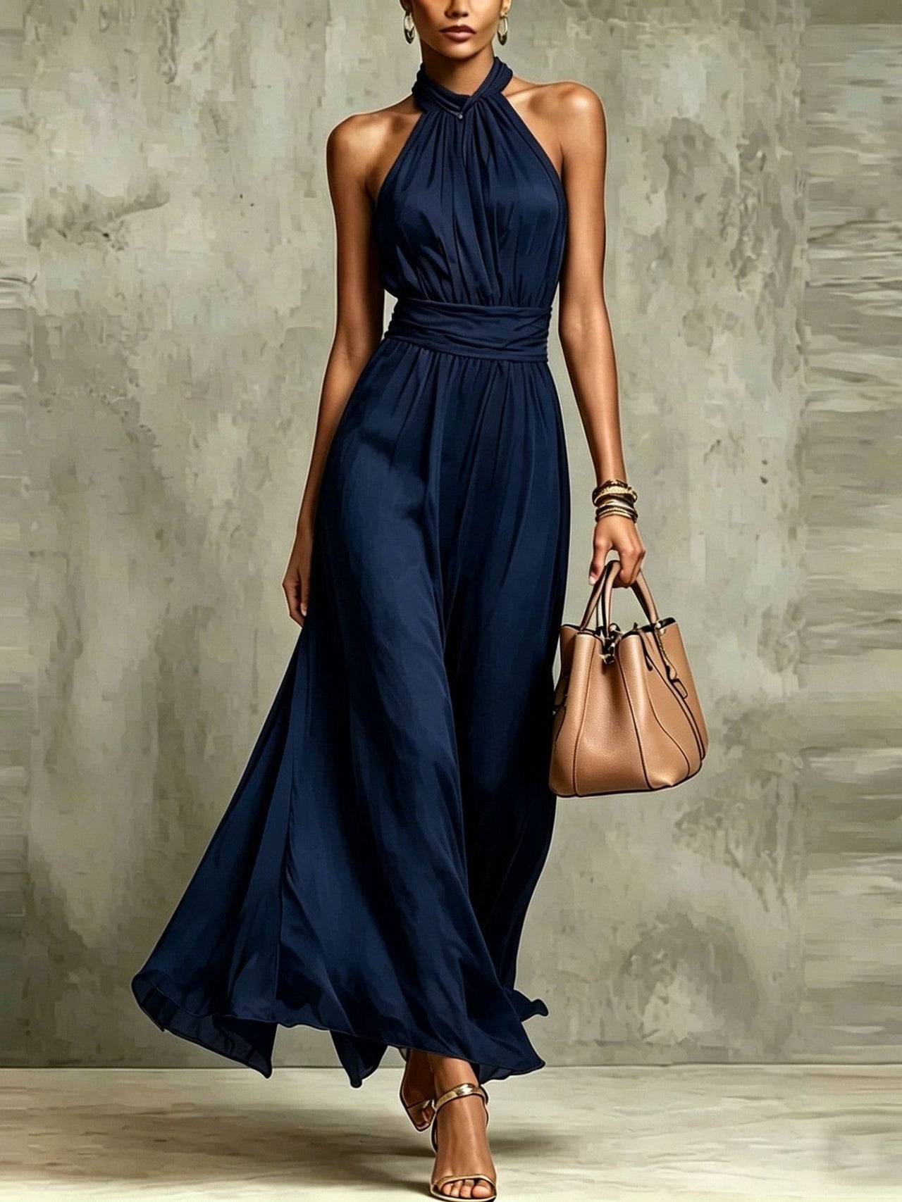 Solid Color Chiffon Halter Maxi Dress