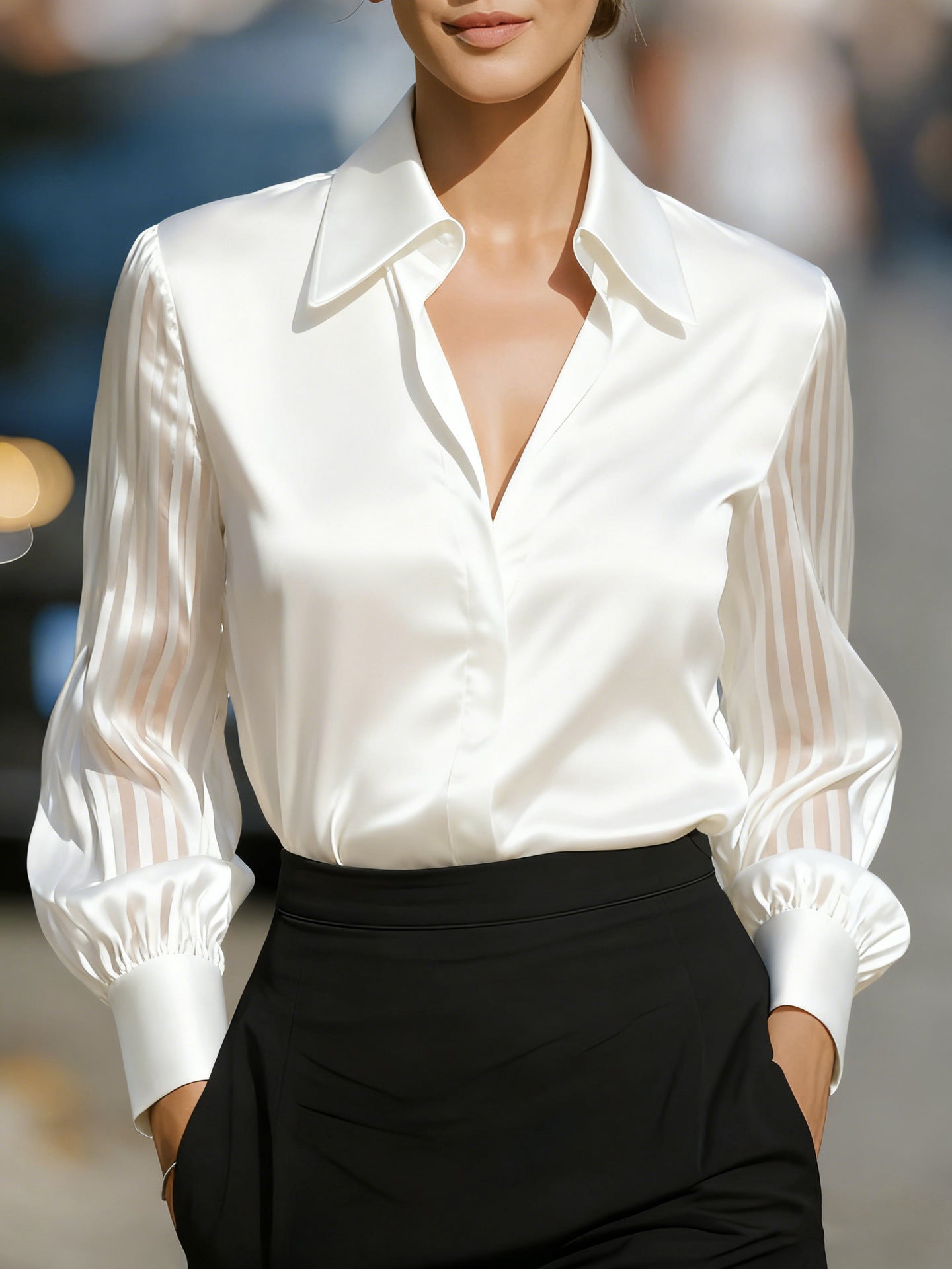 Black Spliced Satin Long-sleeved Loose-fitting Shirt