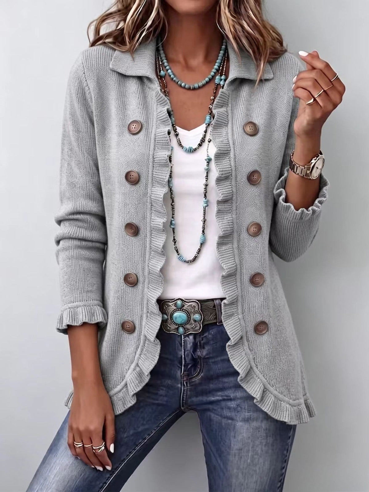 Lara | Heather Grey Ribbed Knit Ruffle Jacket