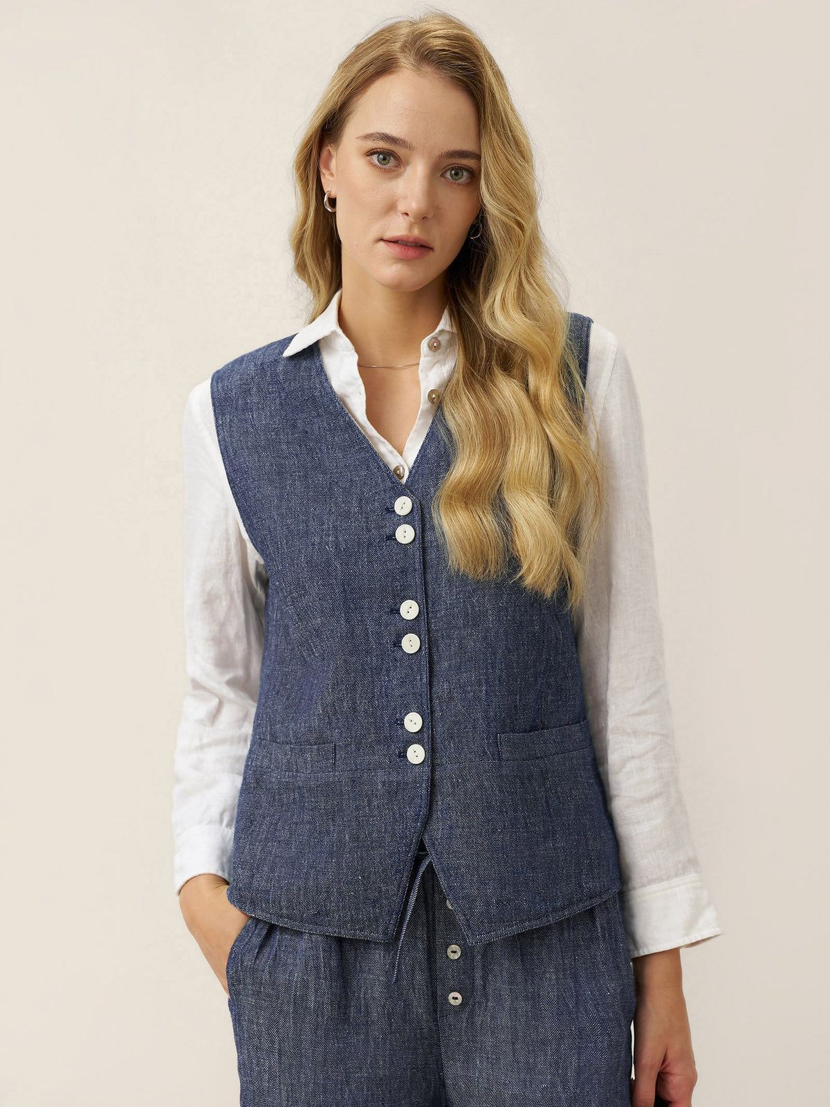 Linen Reversible Denim Texture Button Front Vest HARPER