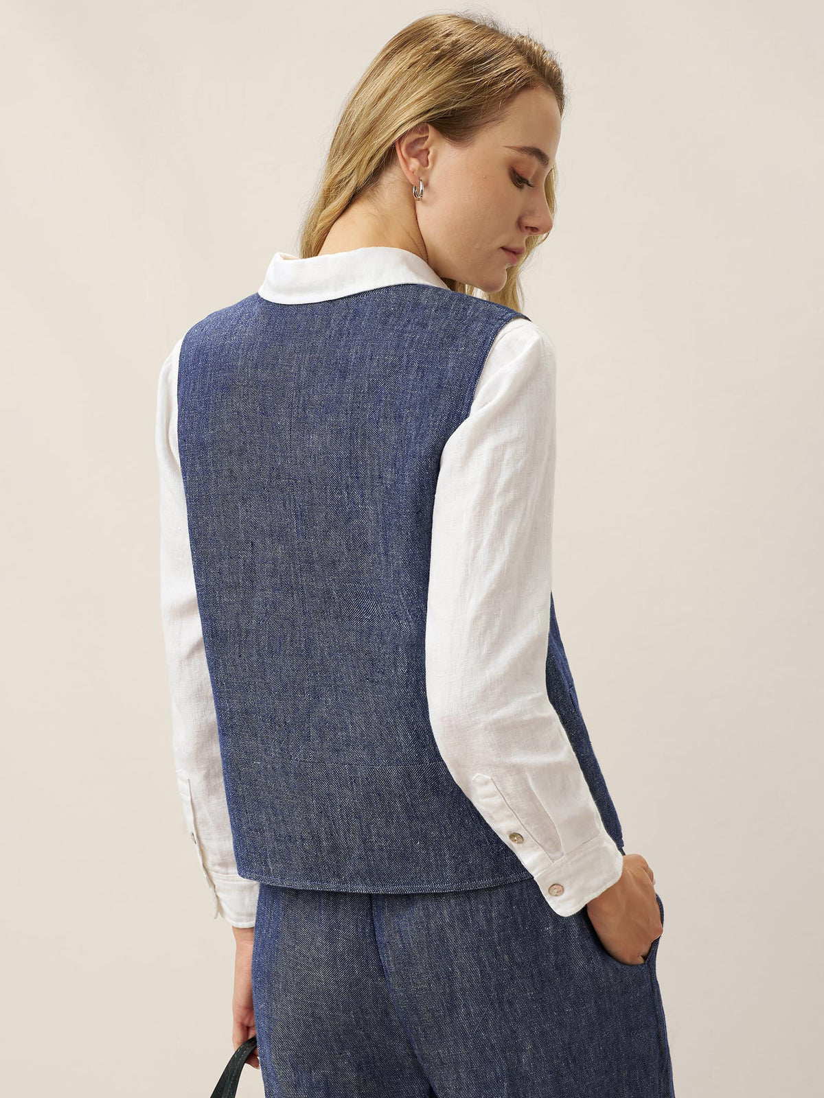 Linen Reversible Denim Texture Button Front Vest HARPER