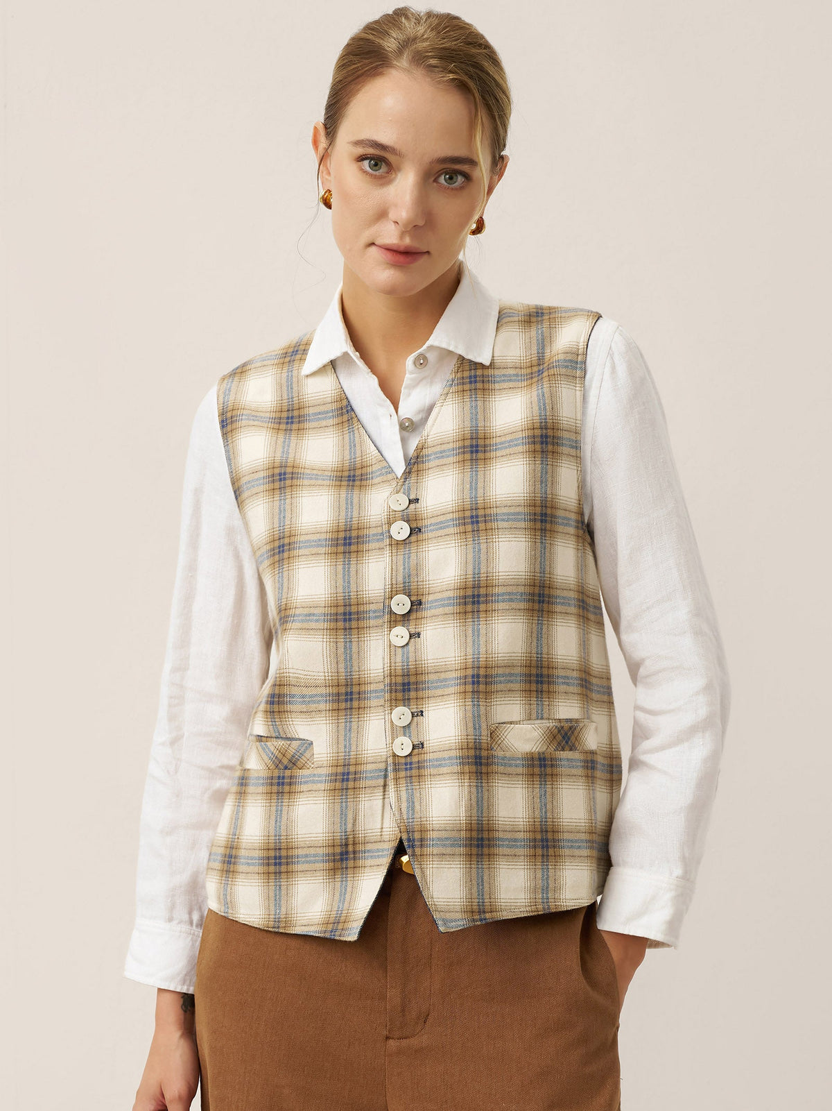 Linen Reversible Denim Texture Button Front Vest HARPER