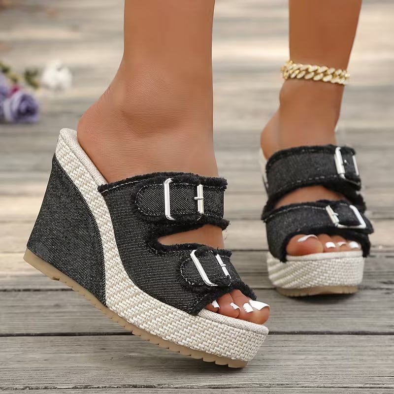 Atelier Denim Fray-Edge Wedge Sandals