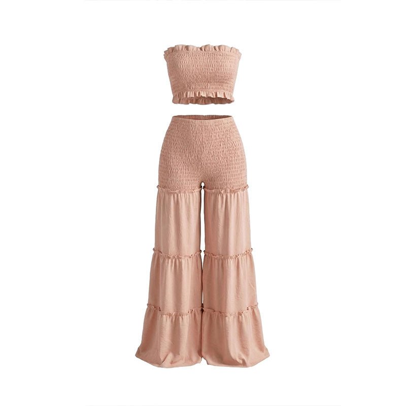 Ruched strapless top and tiered ruffle wide-leg pants set