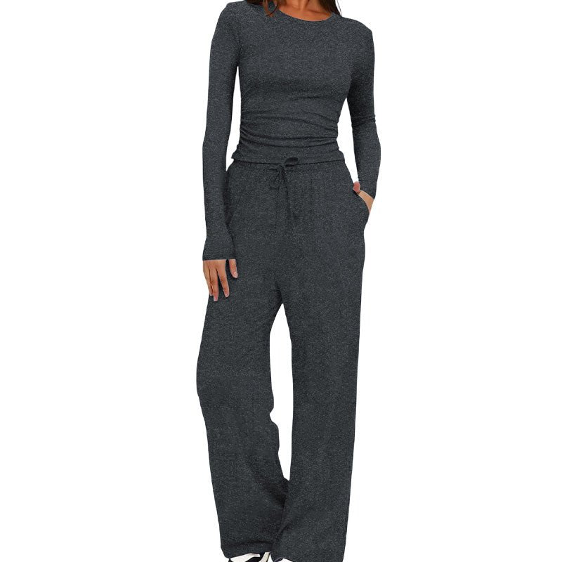 Casual long-sleeved high-waisted wide-leg pants suit