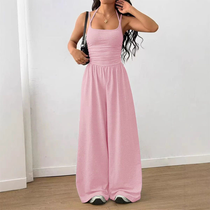 Backless Halter Ruched High Waist Wide Leg Jumpsuit