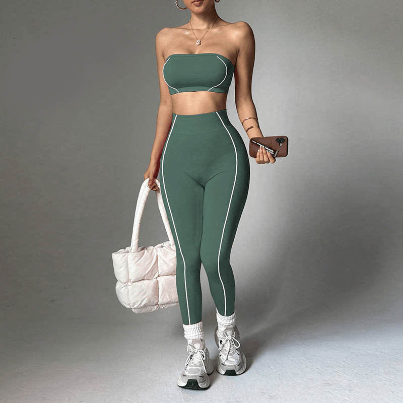 Contrast Piping Bandeau High Waist Yoga Set