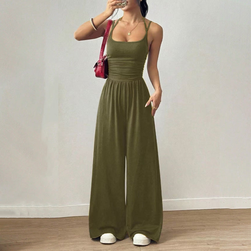 Backless Halter Ruched High Waist Wide Leg Jumpsuit