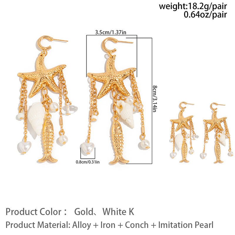 Beach-style starfish and jellyfish tassel earrings