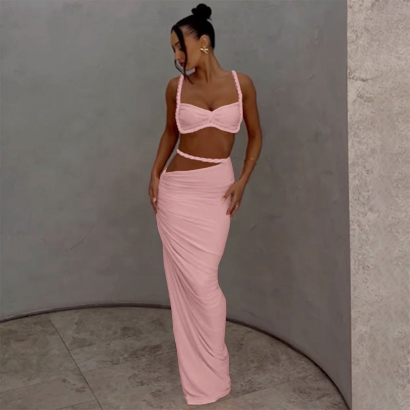 Backless Halter Crop Top and Bodycon Skirt Set