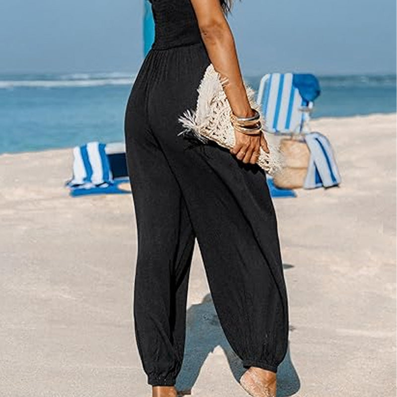 V-neck backless loose-fitting jumpsuit