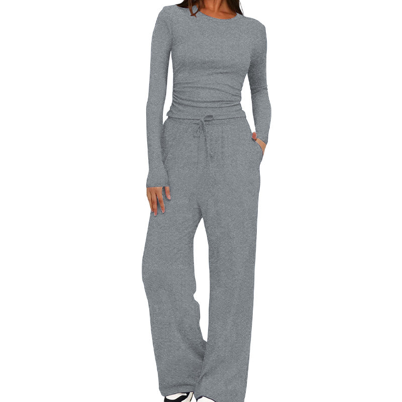 Casual long-sleeved high-waisted wide-leg pants suit