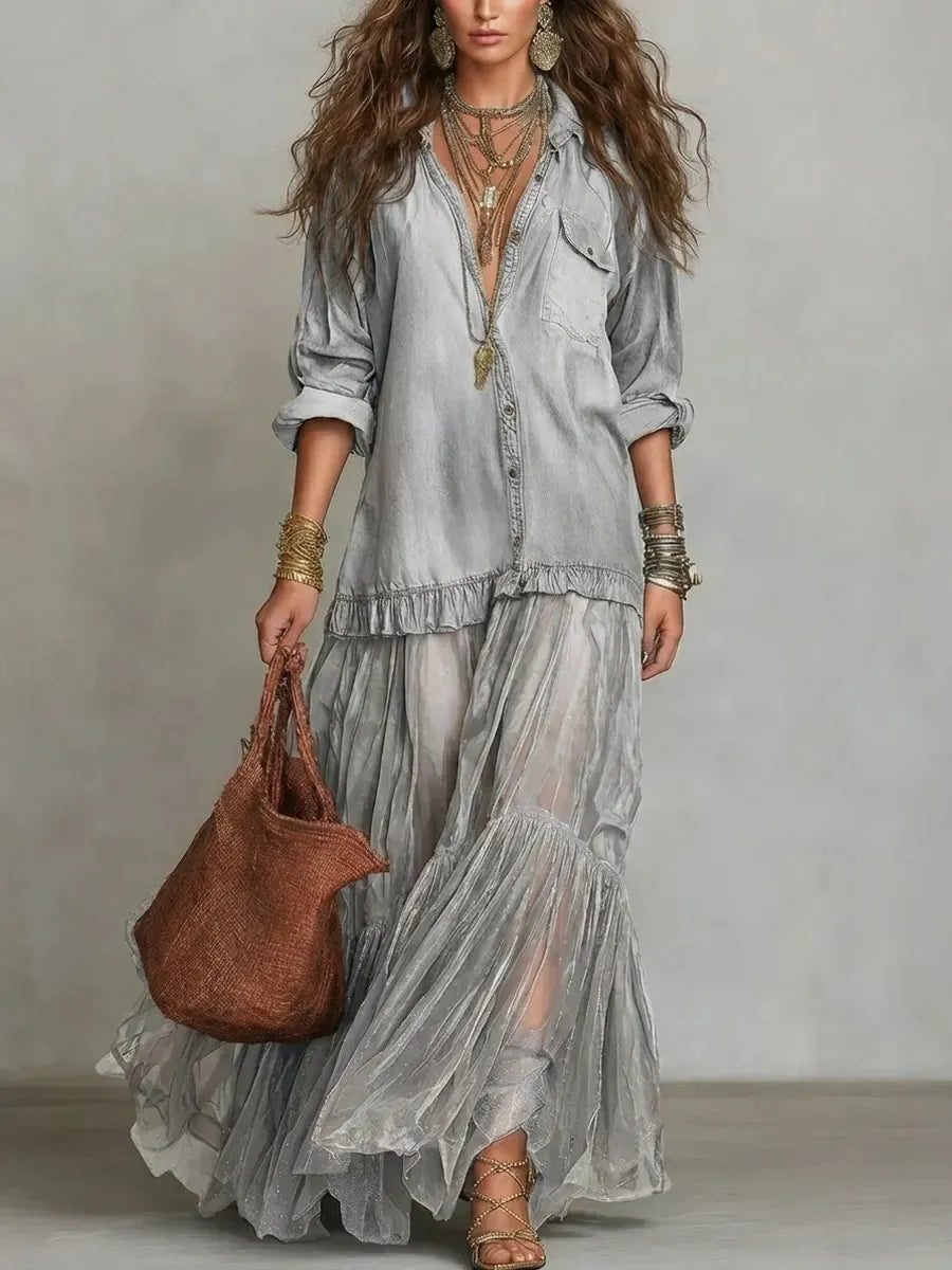 Blue Faux Denim Shirt Collar With Sheer Pockets Maxi Dress