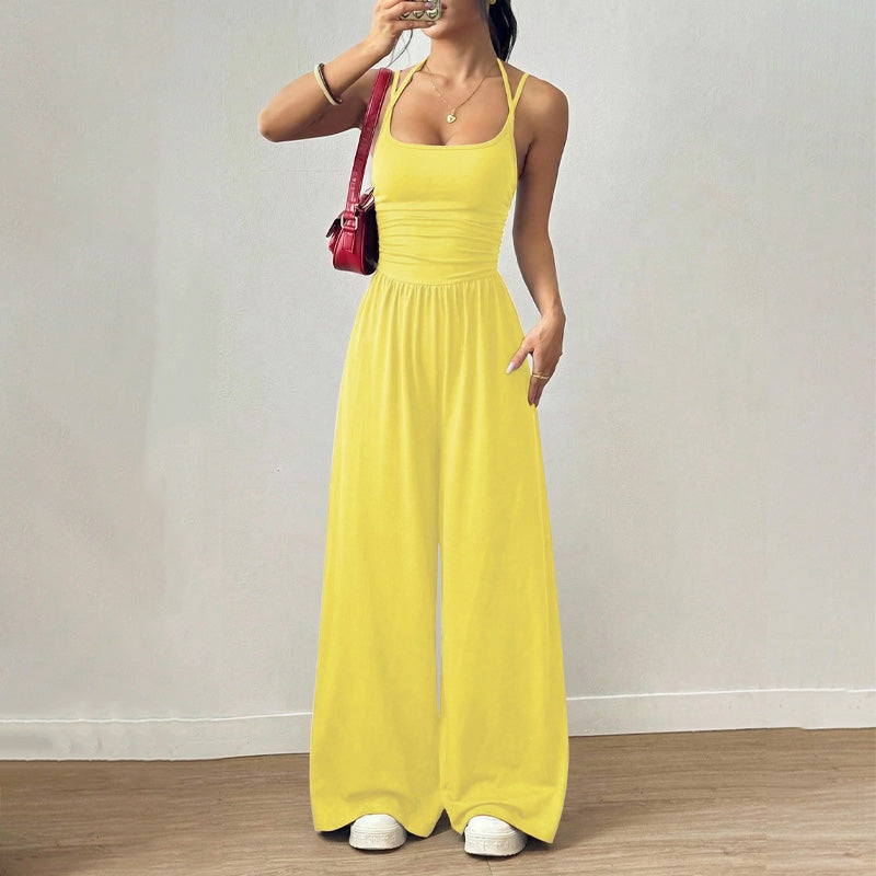 Backless Halter Ruched High Waist Wide Leg Jumpsuit