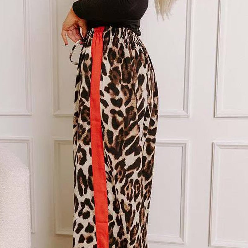 High-waisted leopard print side stripe wide-leg pants