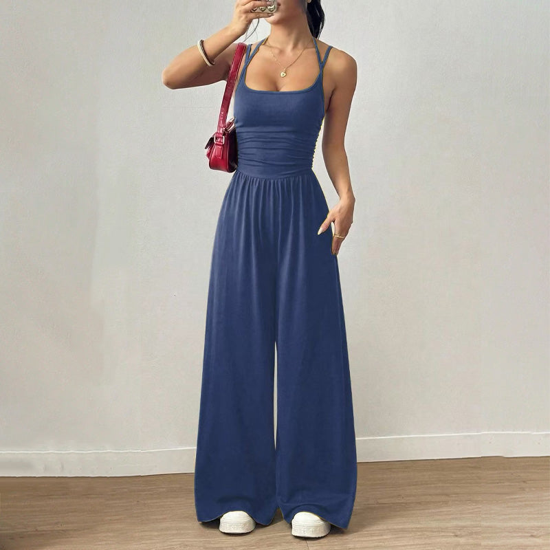 Backless Halter Ruched High Waist Wide Leg Jumpsuit