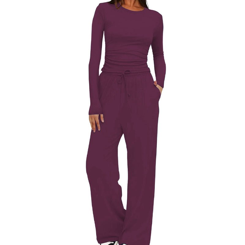 Casual long-sleeved high-waisted wide-leg pants suit