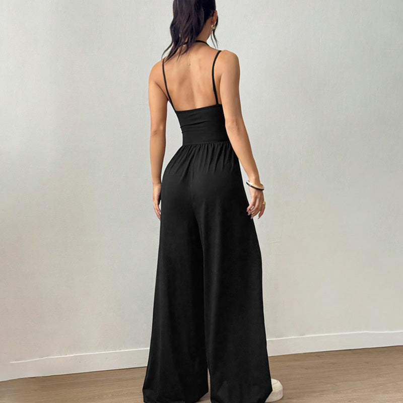 Backless Halter Ruched High Waist Wide Leg Jumpsuit