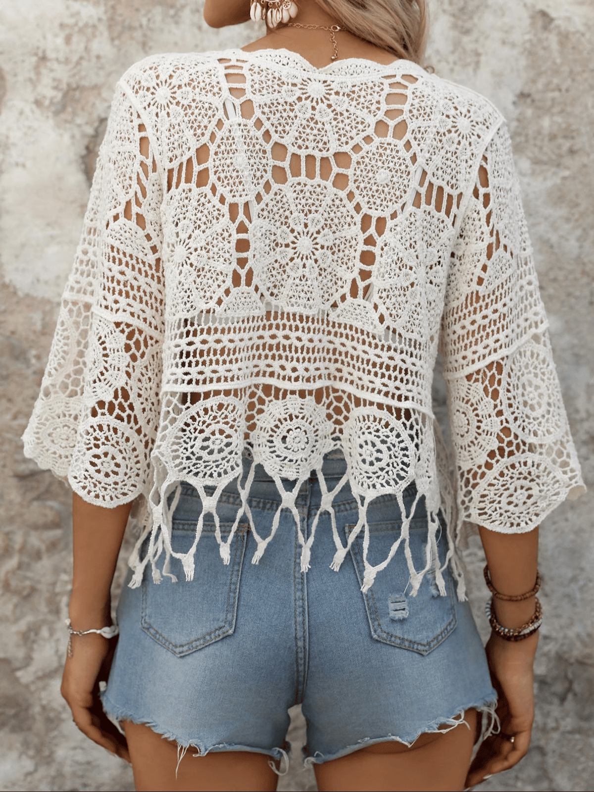 Bohemian Openwork Fan-shaped Trim Three-quarter Sleeve Cover-up Top