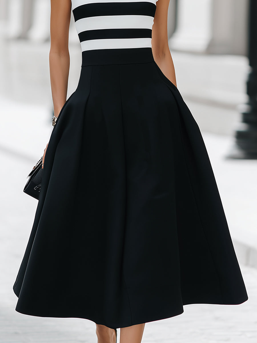 Chic Striped Sleeveless A‑Line Midi Dress With Pockets