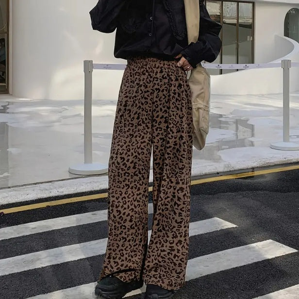 Corduroy Leopard Print Elastic Waist Wide Leg Pants