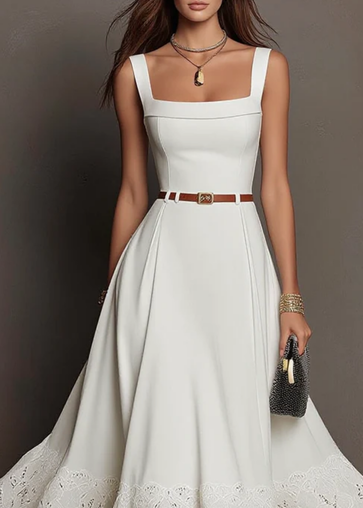White Sleeveless Lace Waist‑Tied A‑Line Elegant Midi Dress