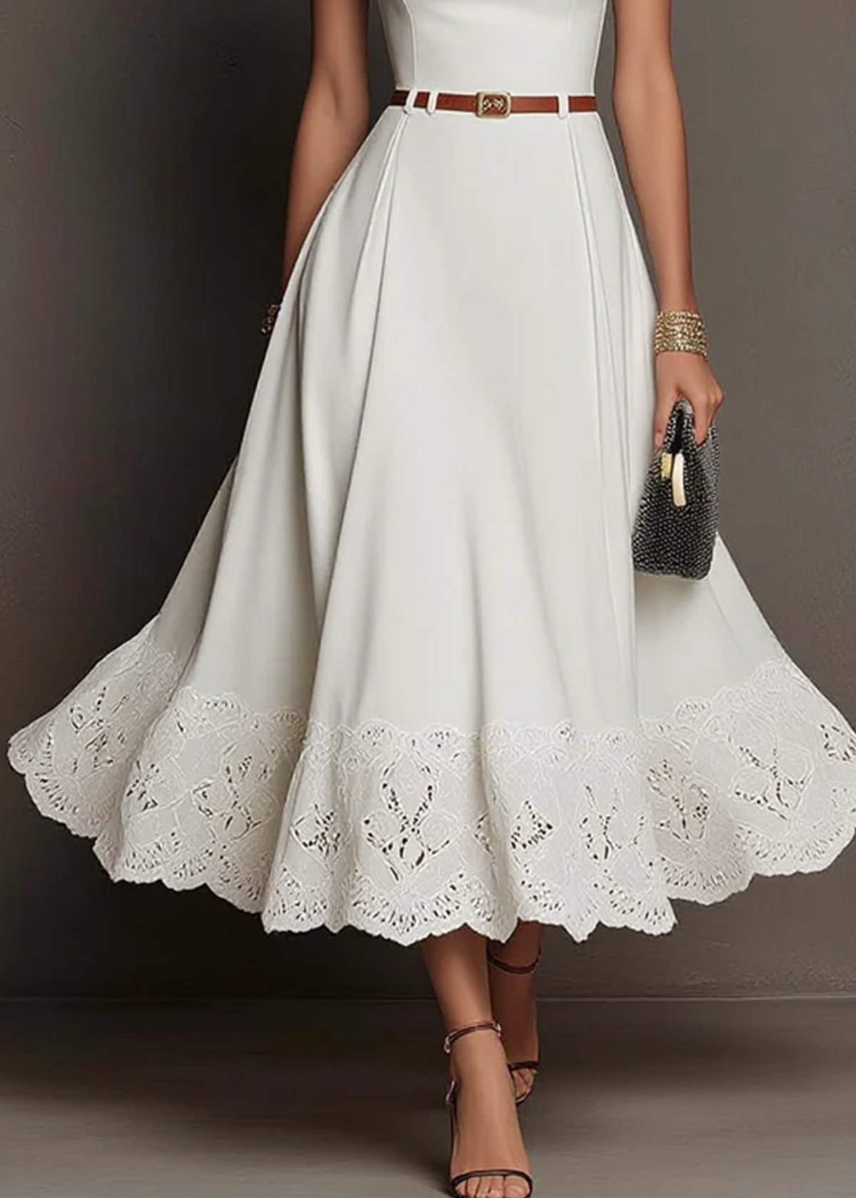 White Sleeveless Lace Waist‑Tied A‑Line Elegant Midi Dress