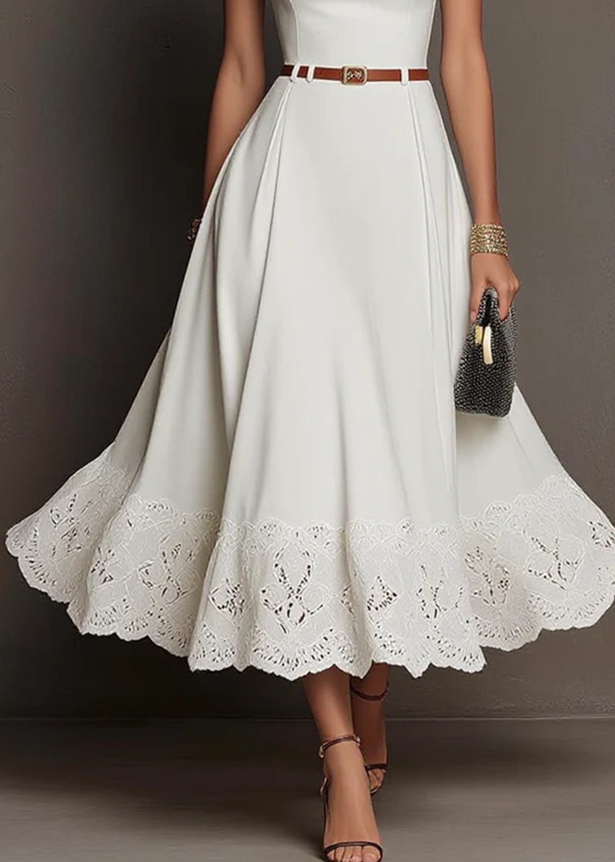 White Sleeveless Lace Waist‑Tied A‑Line Elegant Midi Dress