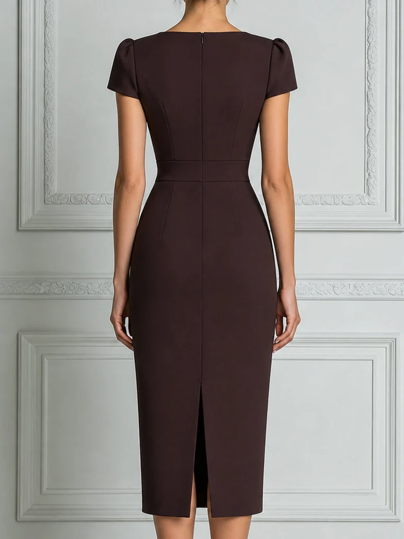 Brown Printed V-Neck Slim Elegant Midi Dress