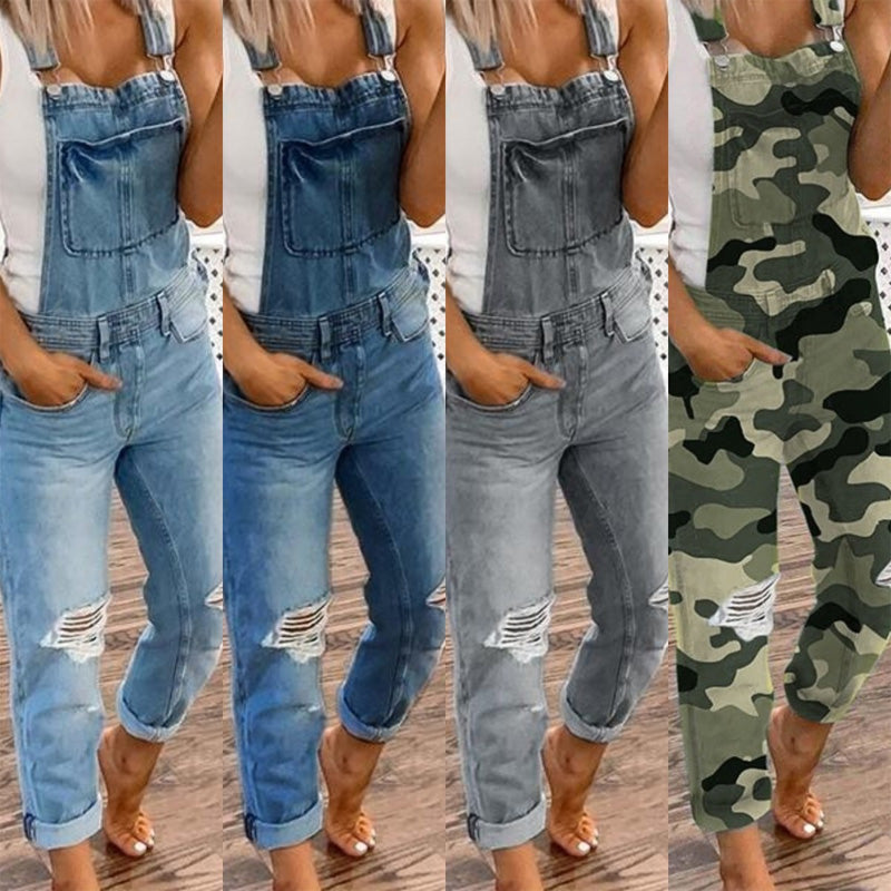 Retro ripped washed denim overalls
