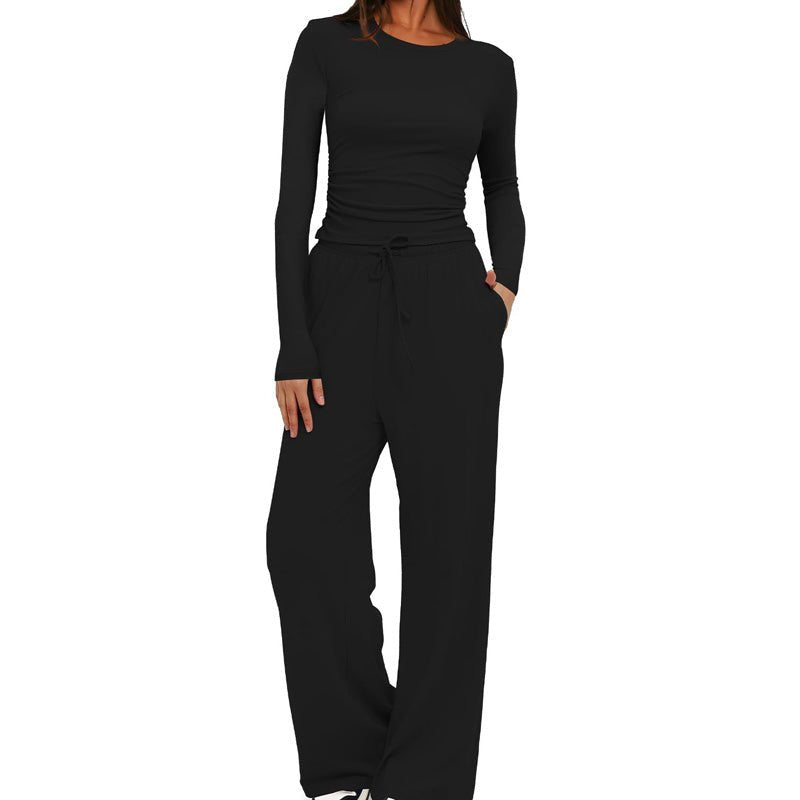 Casual long-sleeved high-waisted wide-leg pants suit