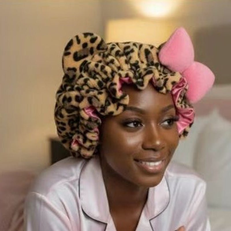 3D Ear Bow Leopard Print Satin Night Cap