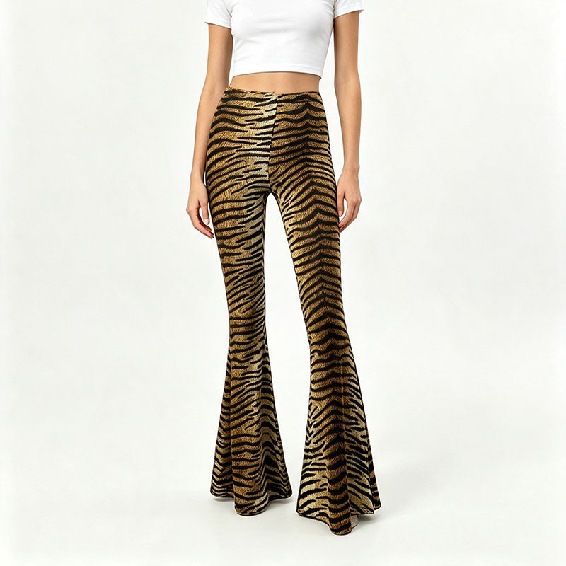 High-waisted, slim-fit animal print flared trousers