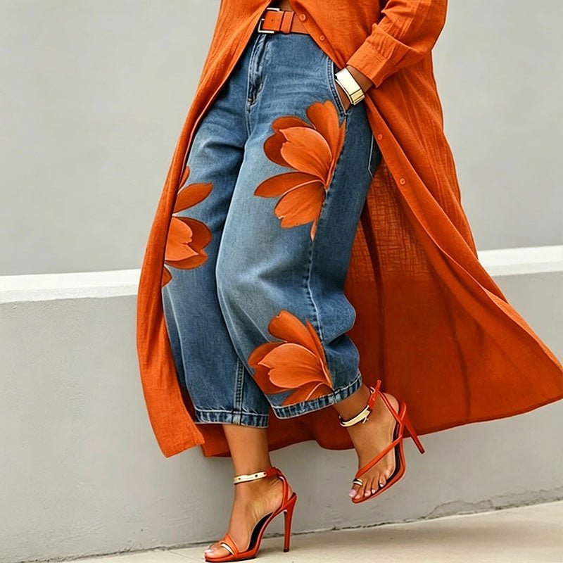 Printed straight-leg wide-leg cropped jeans