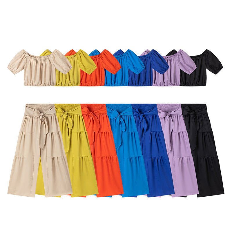 Off-shoulder puff sleeve wide-leg pants two-piece set