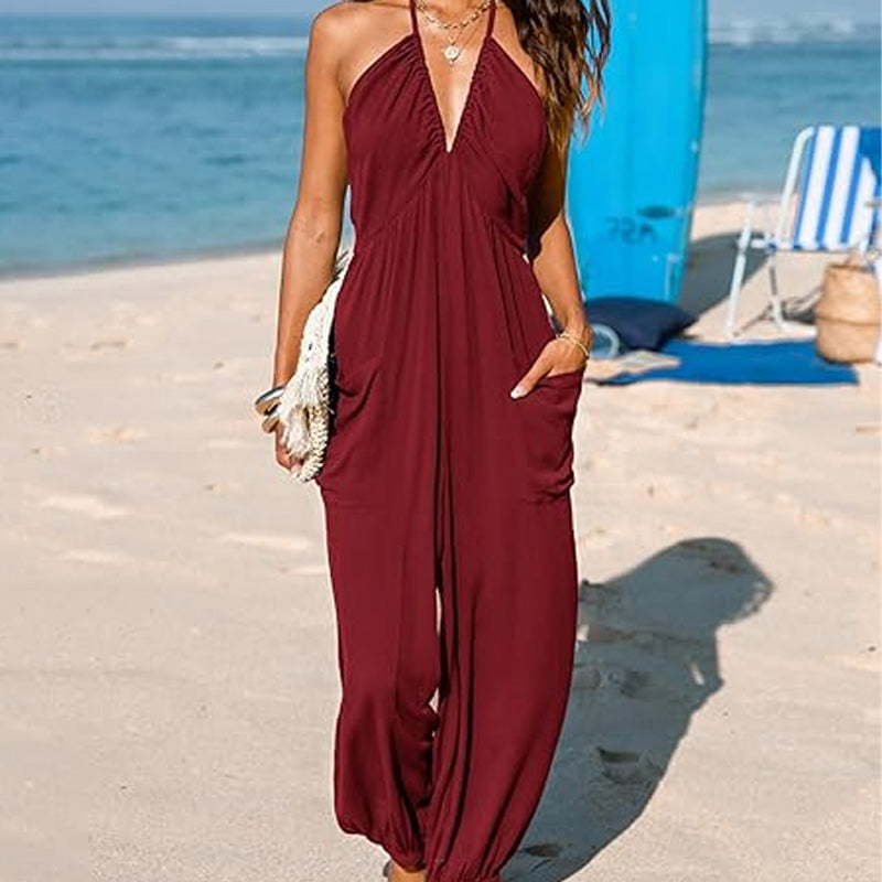 V-neck backless loose-fitting jumpsuit