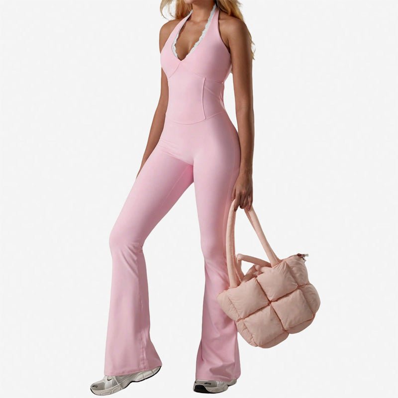 V-neck halter-neck flared jumpsuit