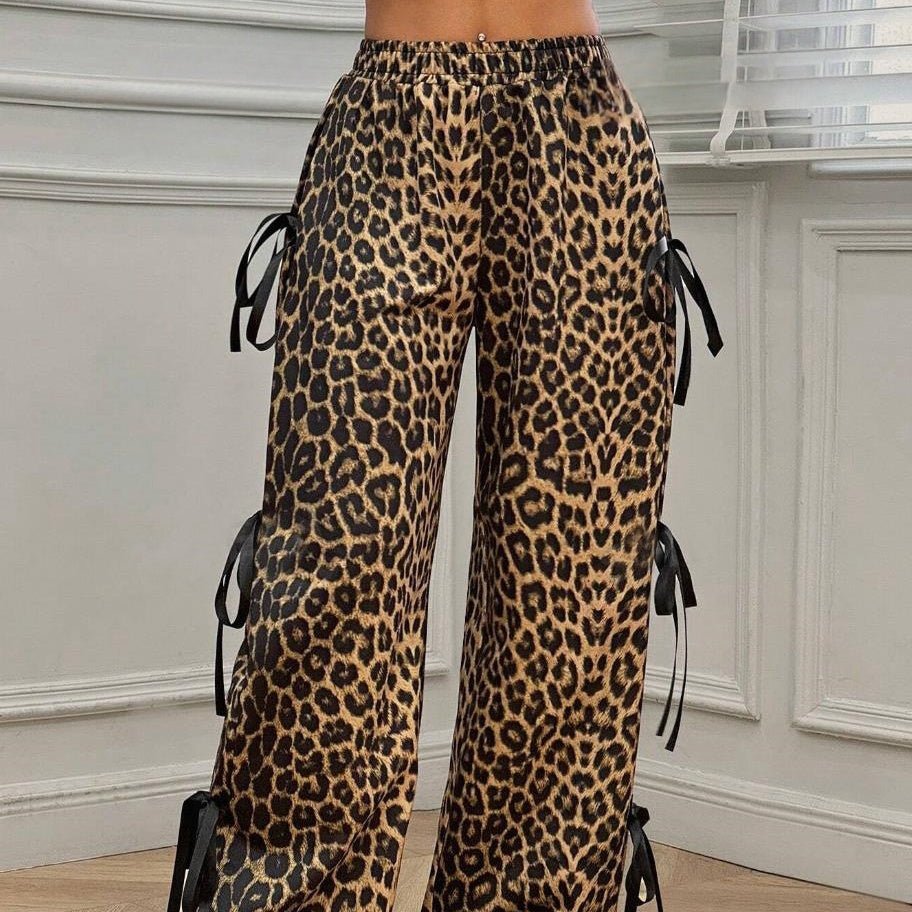 Leopard Print Bow Tie Wide Leg Pants