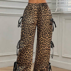 Leopard Print Bow Tie Wide Leg Pants
